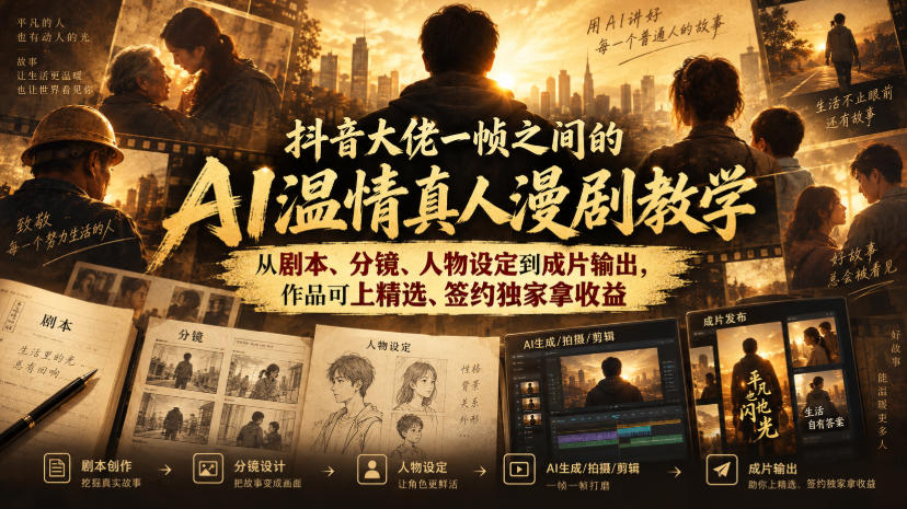 抖音大佬一帧之间的AI温情真人漫剧教学，从剧本、分镜、人物设定到成片输出，作品可上精选、签约独家拿收益-HEIXMI（中国站）