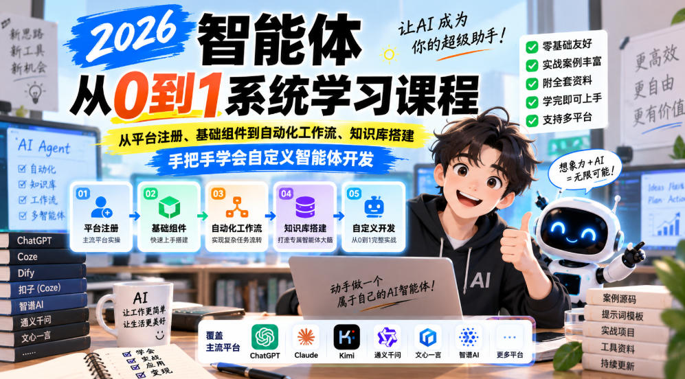 2026智能体从0到1系统学习课程，从平台注册、基础组件到自动化工作流、知识库搭建，手把手学会自定义智能体开发-HEIXMI（中国站）
