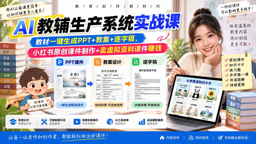 AI教辅生产系统实战课｜教材一键生成PPT+教案+逐字稿，小红书原创课件制作+卖虚拟资料课件赚钱-HEIXMI（中国站）