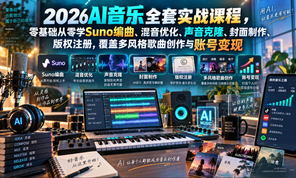 2026AI音乐实战课程，零基础从零学Suno编曲、混音优化、声音克隆、版权注册，覆盖多风格歌曲创作与账号变现-HEIXMI（中国站）