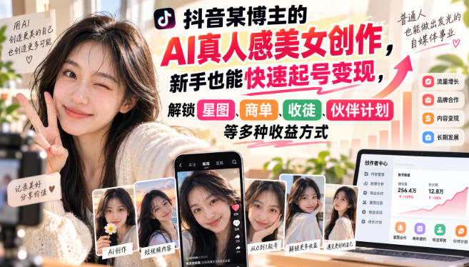 抖音某博主的AI真人感美女创作，新手也能快速起号变现，解锁星图，商单，收徒，伙伴计划等多种收益方式-HEIXMI（中国站）