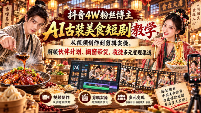 抖音4W粉丝博主AI古装美食短剧教学，从视频制作到剪辑实操，解锁伙伴计划、橱窗带货、收徒多元变现渠道-HEIXMI（中国站）