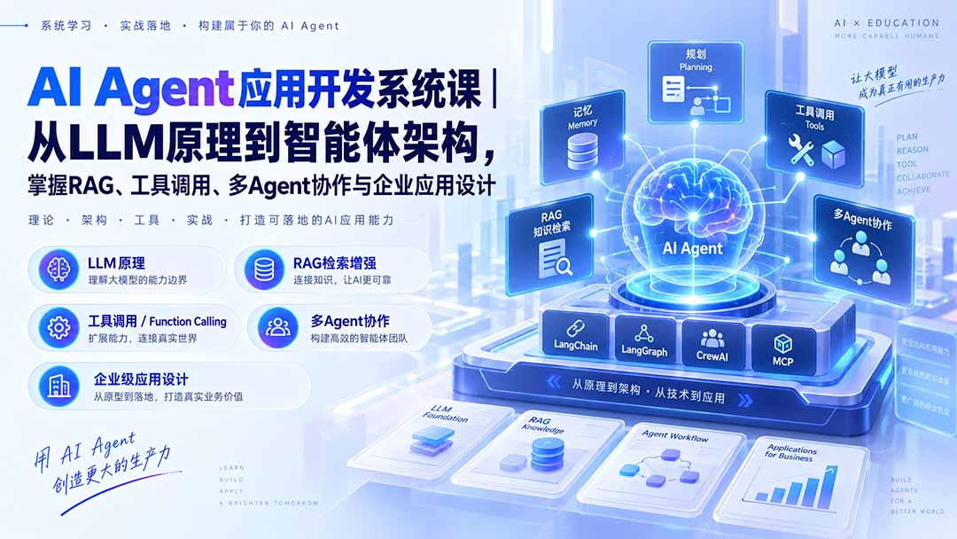 AI Agent应用开发系统课-179节｜从LLM原理到智能体架构，掌握RAG、工具调用、多Agent协作与企业应用设计-HEIXMI（中国站）