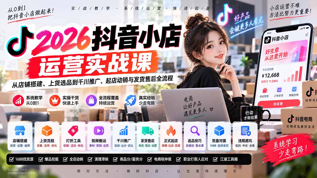 2026抖音小店运营实战课｜从店铺搭建、上货选品到千川推广、起店动销与发货售后全流程-HEIXMI（中国站）