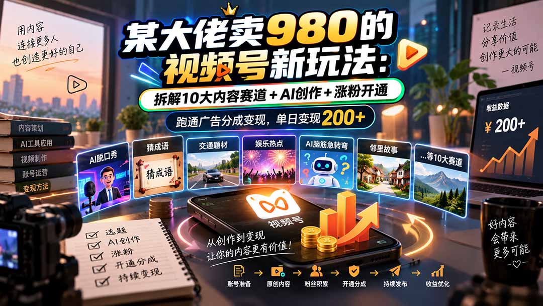 某大佬卖980的视频号新玩法：拆解10大内容赛道+AI创作+涨粉开通，跑通广告分成变现，单日变现200+-HEIXMI（中国站）