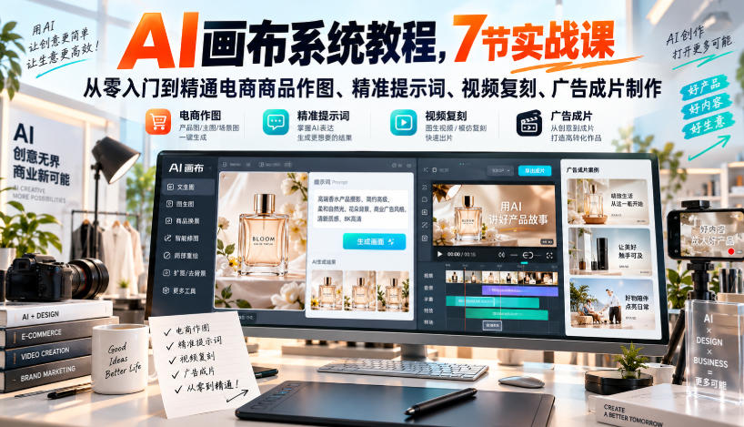 AI画布系统教程，7节实战课从零入门到精通电商商品作图、精准提示词、视频复刻、广告成片制作-HEIXMI（中国站）