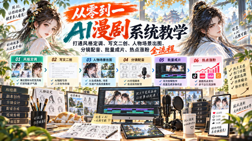 从零到一AI漫剧系统教学，打通风格定调、写文二创、人物场景出图、分镜配音、批量成片、热点涨粉全流程-HEIXMI（中国站）
