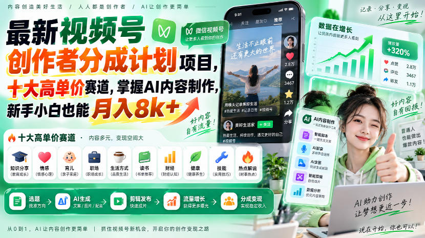 最新视频号创作者分成计划项目，十大高单价赛道，掌握AI内容制作，新手小白也能月入8k+-HEIXMI（中国站）
