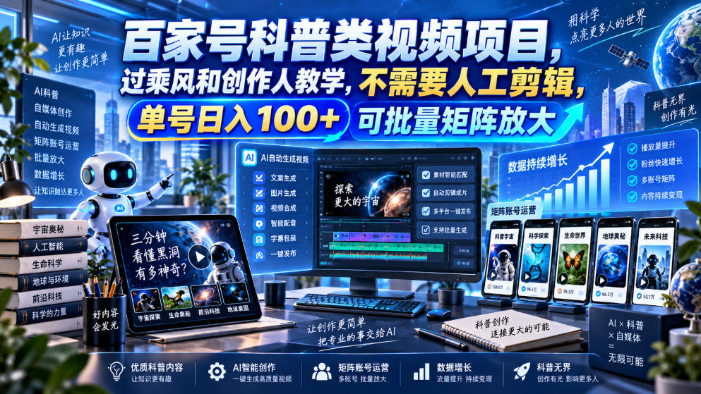 百家号科普类视频项目，过乘风和创作人教学，不需要人工剪辑，单号日入100+可批量矩阵放大-HEIXMI（中国站）