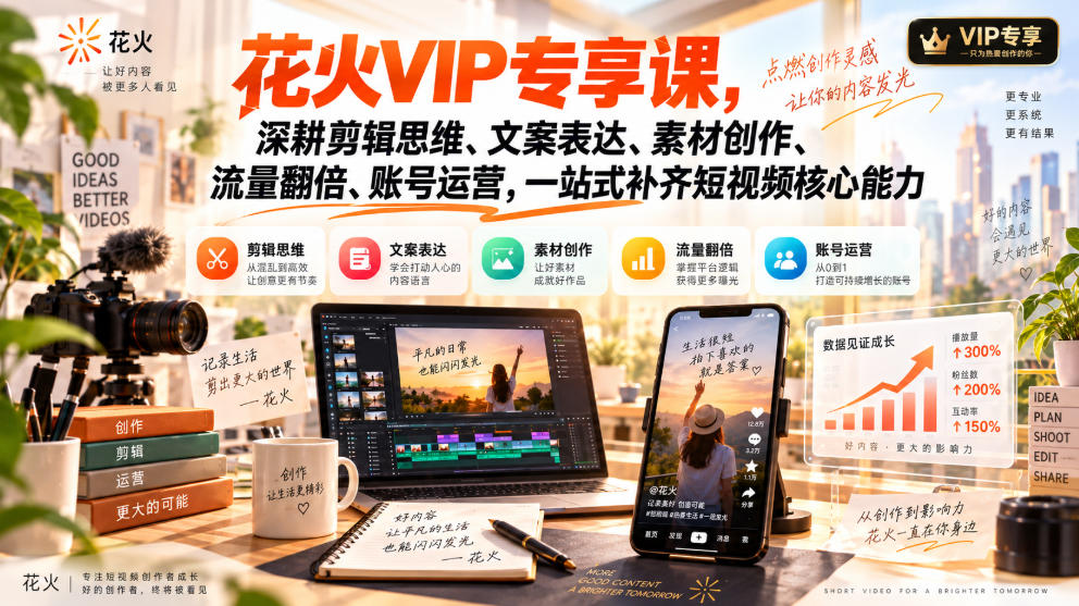 花火VIP专享课，深耕剪辑思维、文案表达、素材创作、流量翻倍、账号运营，一站式补齐短视频核心能力-HEIXMI（中国站）