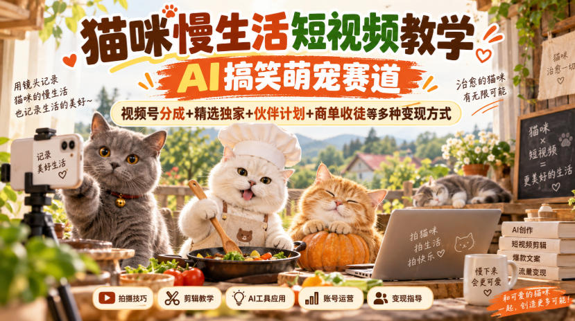 猫咪慢生活短视频教学，AI搞笑萌宠赛道，视频号分成+精选独家+伙伴计划+商单收徒等多种变现方式-HEIXMI（中国站）