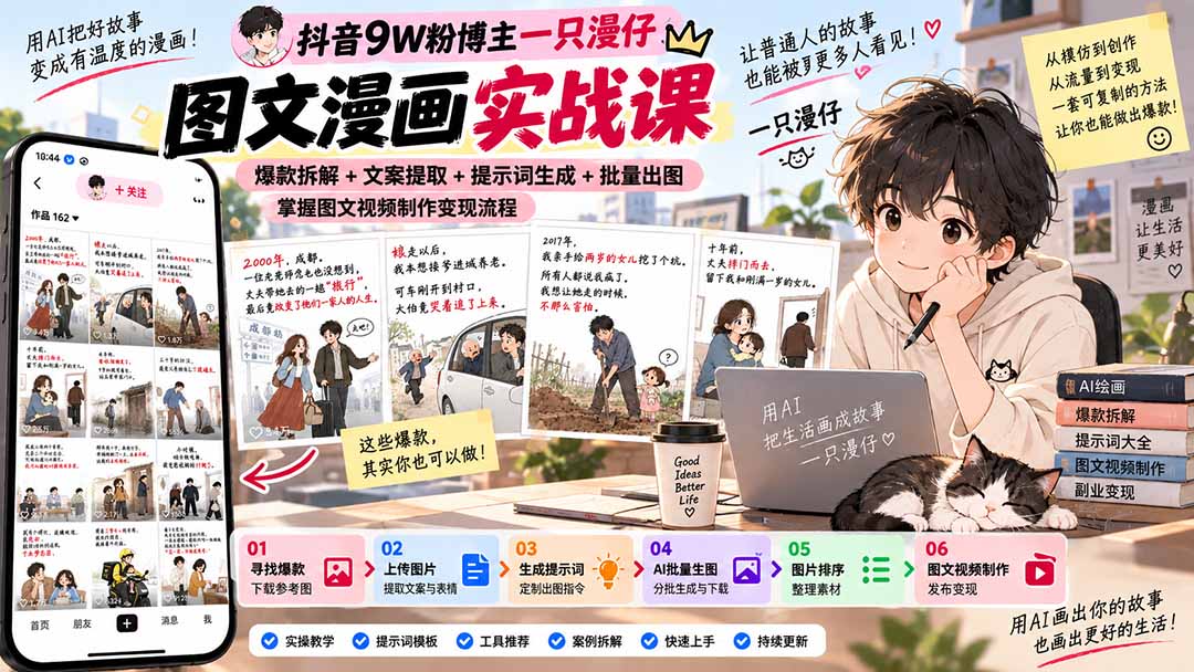 抖音9W粉博主一只漫仔图文漫画课：爆款拆解+文案提取+提示词生成+批量出图，掌握图文视频制作变现流程-HEIXMI（中国站）