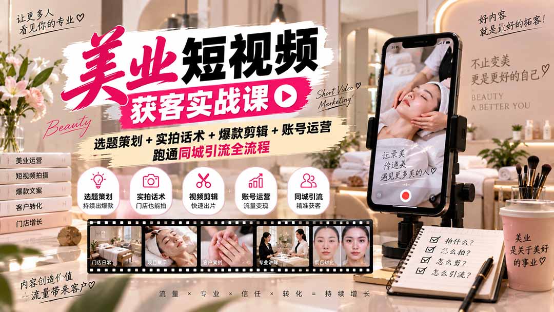 美业短视频获客实战课-无水印：选题策划+实拍话术+爆款剪辑+账号运营，跑通同城引流全流程-HEIXMI（中国站）
