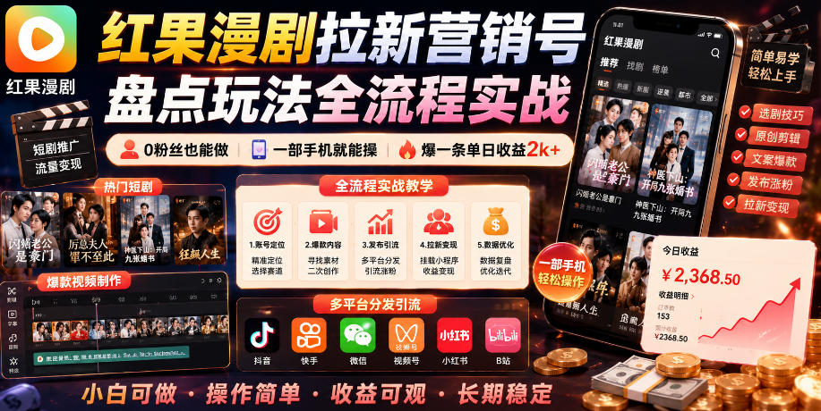 红果漫剧拉新营销号盘点玩法全流程实战，0粉丝也能做，一部手机就能做，爆一条单日收益2k+(更新0922)-HEIXMI（中国站）