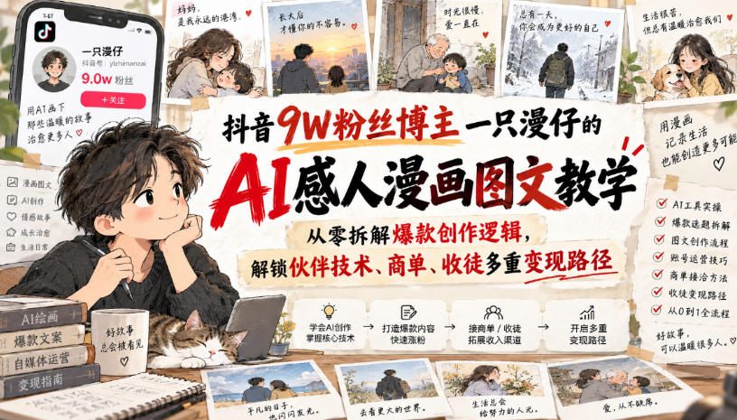 抖音9W粉丝博主一只漫仔的AI感人漫画图文教学，从零拆解爆款创作逻辑，解锁伙伴技术、商单、收徒多重变现路径-HEIXMI（中国站）