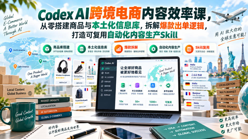 Codex AI跨境电商内容效率课，从零搭建商品与本土化信息库，拆解爆款出单逻辑，打造可复用自动化内容生产Skill-HEIXMI（中国站）