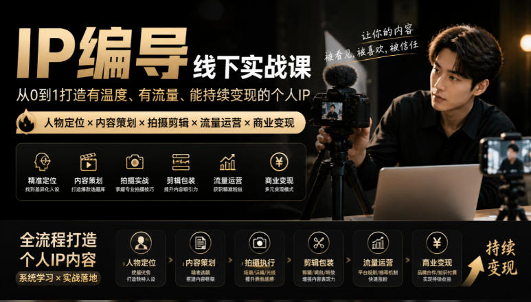 【无水印】IP编导线下实战课，从人物定位到短视频拍摄剪辑，全流程打造有温度、有流量、能持续变现的个人IP内容-HEIXMI（中国站）