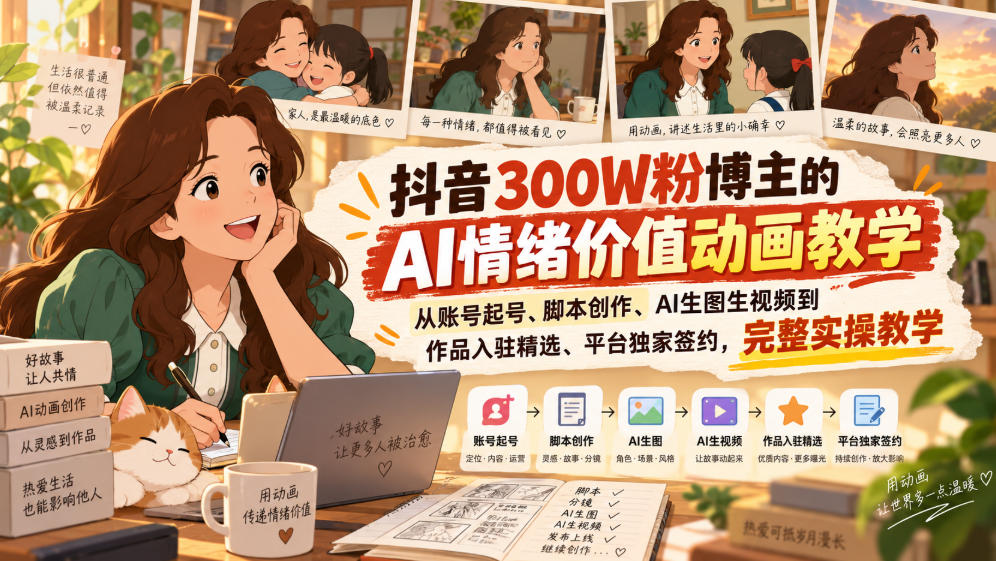 抖音300W粉博主的AI情绪价值动画教学，从账号起号、脚本创作、AI生图生视频到作品入驻精选、平台独家签约，完整实操-HEIXMI（中国站）