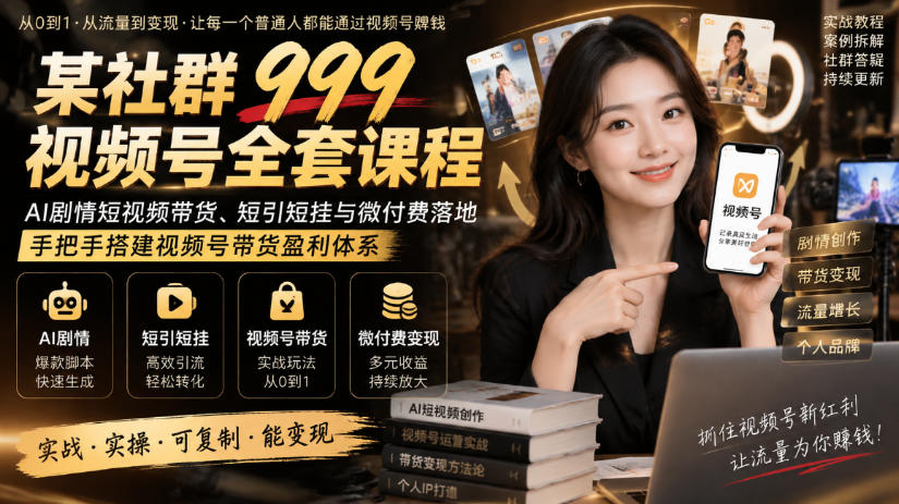 某社群999视频号全套课程，AI剧情短视频带货、短引短挂与微付费落地，手把手搭建视频号带货盈利体系-HEIXMI（中国站）