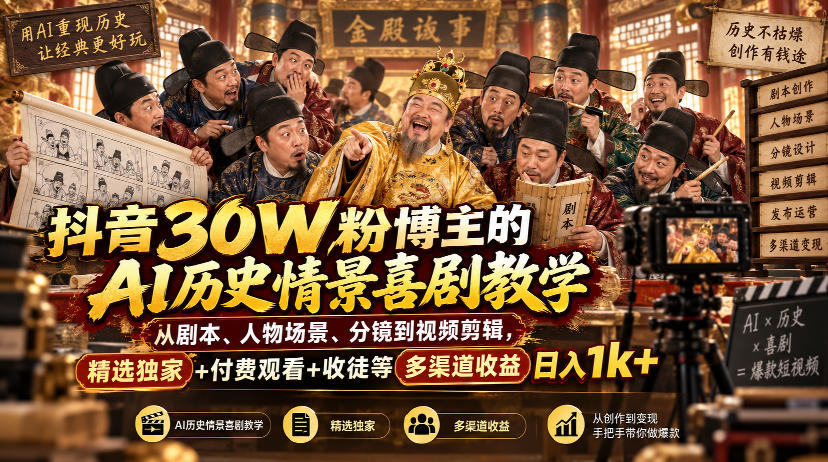 抖音30W粉博主的AI历史情景喜剧教学，从剧本、人物场景、分镜到视频剪辑，精选独家+付费观看+收徒等多渠道收益日入1k+-HEIXMI（中国站）