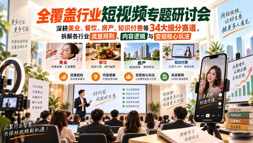 短视频专题研讨会，深耕美业、餐饮、房产、知识付费等34大细分赛道，拆解各行业流量规则、内容逻辑与变现核心玩法-HEIXMI（中国站）