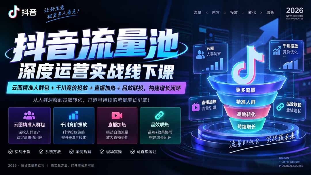 抖音流量池深度运营实战线下课｜云图精准人群包+千川竞价投放+直播加热+品效联投，构建增长闭环-HEIXMI（中国站）