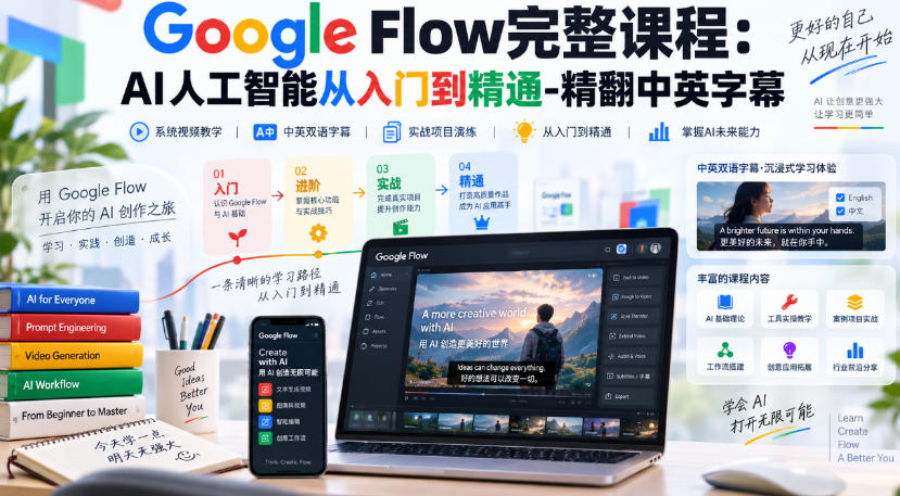 【无水印】Google Flow完整课程:AI人工智能从入门到精通-精翻中英字幕