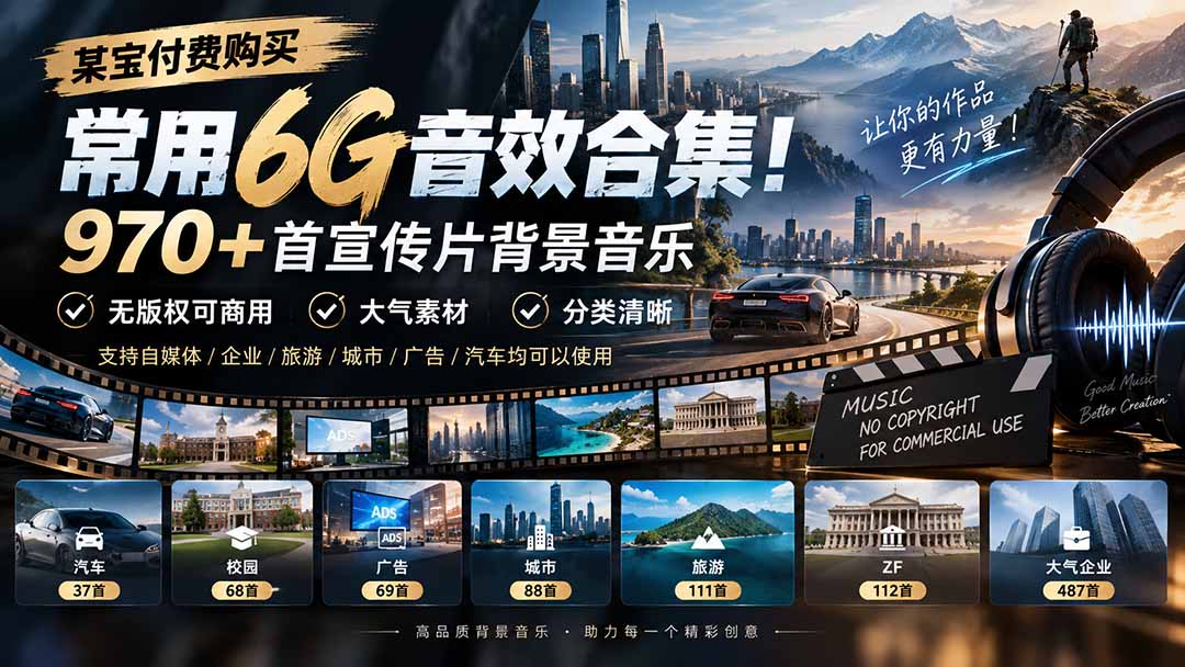 某宝付费购买，常用6G音效合集！970+首宣传片背景音乐，无版权可商用大气素材，分类清晰-HEIXMI（中国站）