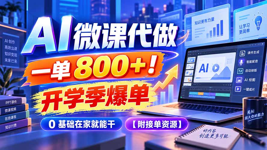 AI 微课代做，一单 800+！开学季爆单，0 基础在家就能干【附接单资源】-HEIXMI（中国站）