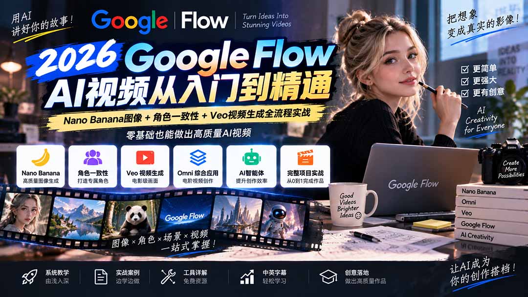 【无水印】Google Flow AI视频从入门到精通：Nano Banana图像+角色一致性+Veo视频生成全流程实战-精翻中英字幕-HEIXMI（中国站）