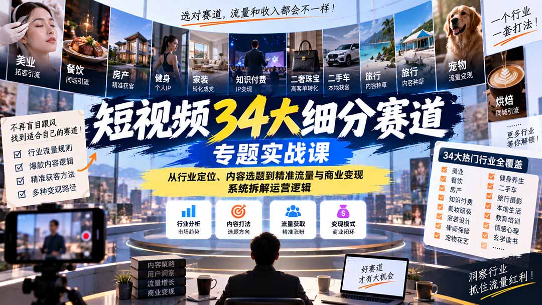 短视频34大细分赛道专题实战课：从行业定位、内容选题到精准流量与商业变现，系统拆解运营逻辑-HEIXMI（中国站）