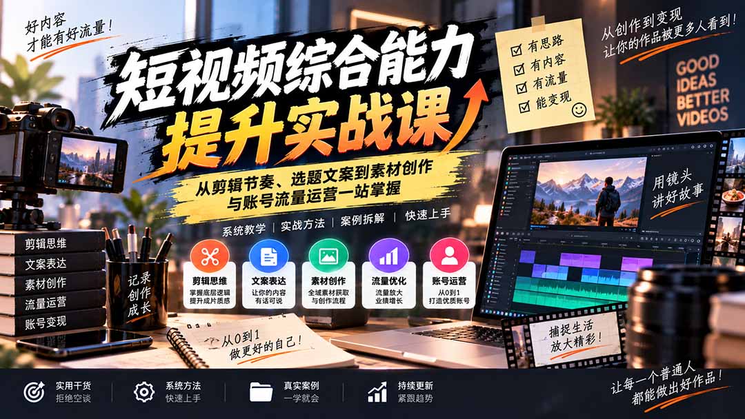 短视频综合能力提升实战课：从剪辑节奏、选题文案到素材创作与账号流量运营一站掌握-HEIXMI（中国站）