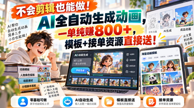 不会剪辑也能做！AI全自动生成动画，一单纯賺800+，模板+接单资源直接送！【揭秘】-HEIXMI（中国站）