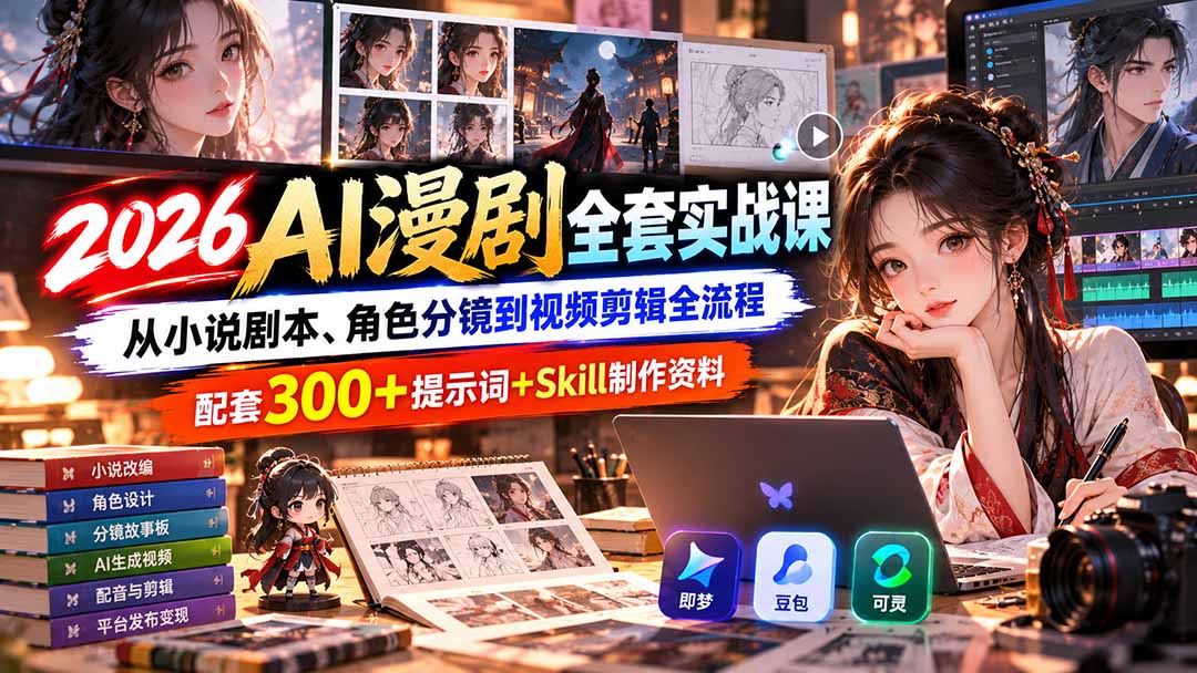 【无水印】2026AI漫剧全套实战课：从小说剧本、角色分镜到视频剪辑全流程，配套300+提示词+Skill制作资料-HEIXMI（中国站）