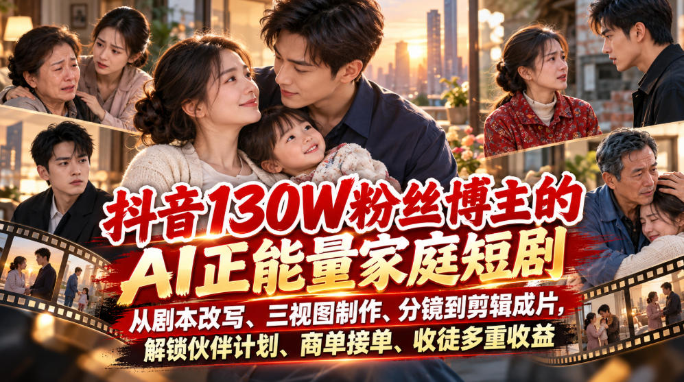 抖音130W粉丝博主的AI正能量家庭短剧，从剧本改写、三视图制作、分镜到剪辑成片，解锁伙伴计划、商单接单、收徒多重收益-HEIXMI（中国站）