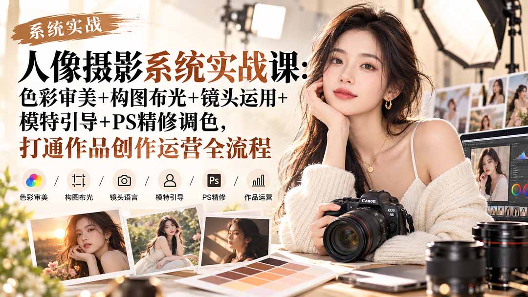 【无水印】人像摄影系统实战课：色彩审美+构图布光+镜头运用+模特引导+PS精修调色，打通作品创作运营全流程-HEIXMI（中国站）