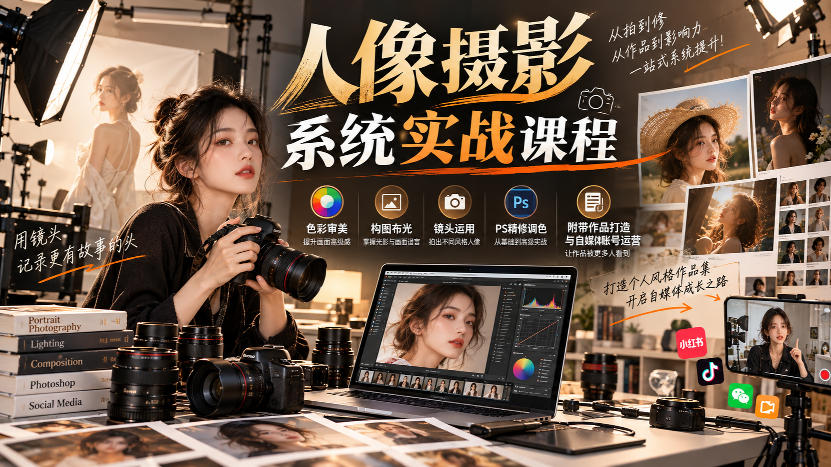 【无水印】人像摄影系统实战课程，色彩审美、构图布光、镜头运用、PS精修调色，附带作品打造与自媒体账号运营-HEIXMI（中国站）