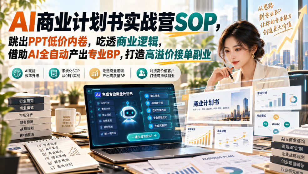 AI商业计划书实战营SOP，跳出PPT低价内卷，吃透商业逻辑，借助AI全自动产出专业BP，打造高溢价接单副业-HEIXMI（中国站）