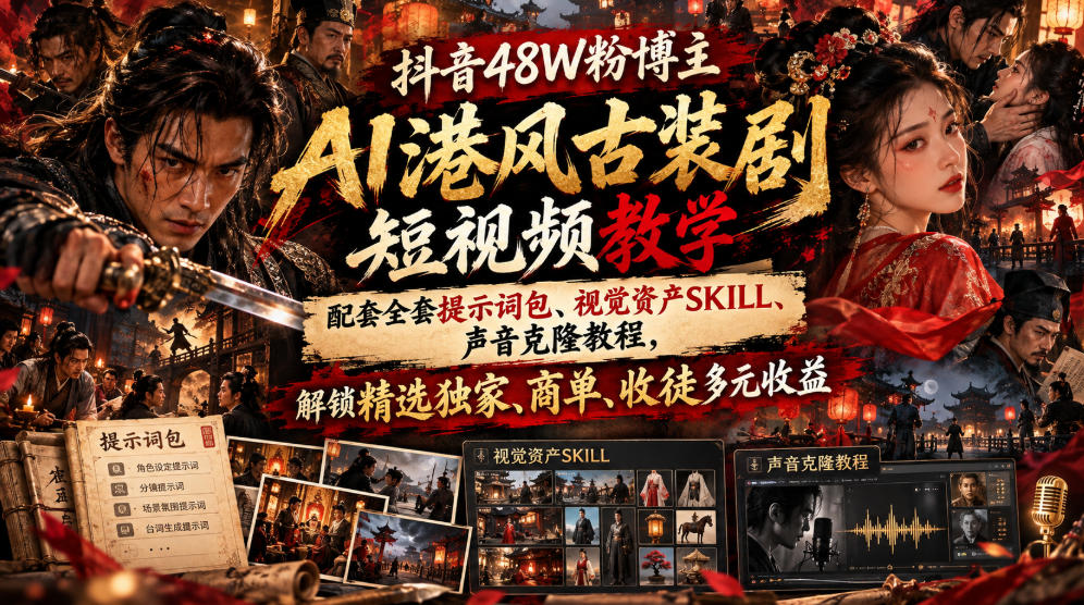 抖音48W粉博主AI港风古装剧短视频教学，配套全套提示词包、视觉资产SKILL、声音克隆教程，解锁精选独家、商单、收徒多元收益-HEIXMI（中国站）