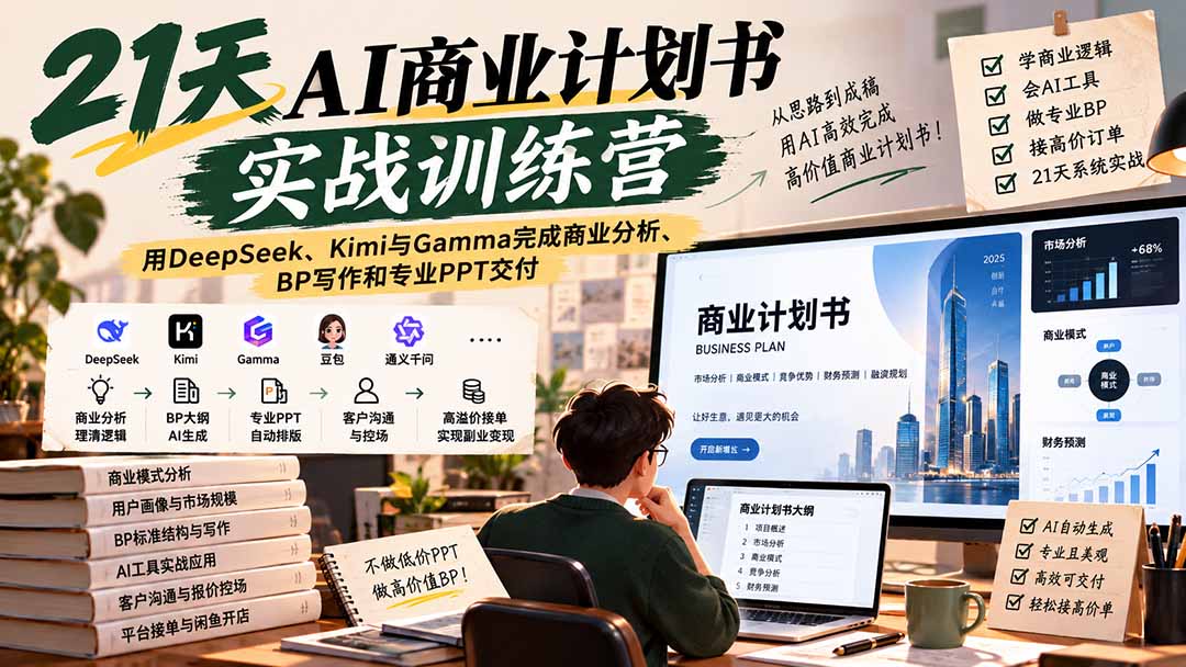 【无水印】21天AI商业计划书实战训练营：用DeepSeek、Kimi与Gamma完成商业分析、BP写作和专业PPT交付-HEIXMI（中国站）