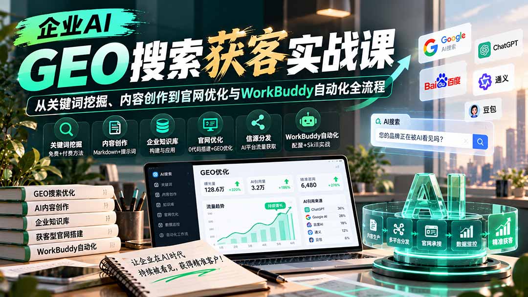 企业AI GEO搜索获客实战课：从关键词挖掘、内容创作到官网优化与WorkBuddy自动化全流程-HEIXMI（中国站）