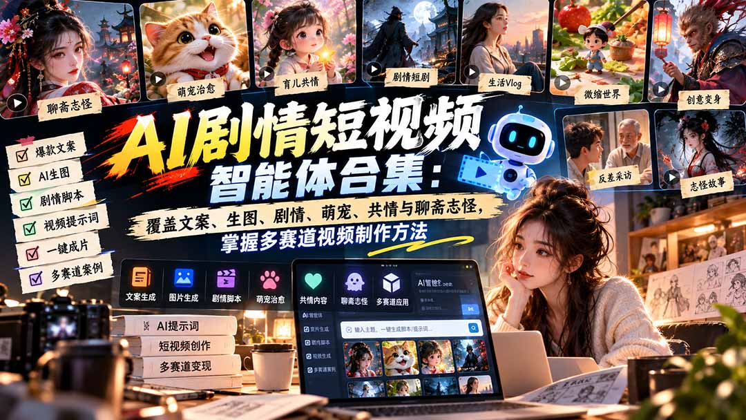 【无水印】AI剧情短视频智能体合集：覆盖文案、生图、剧情、萌宠、共情与聊斋志怪，掌握多赛道视频制作方法-HEIXMI（中国站）