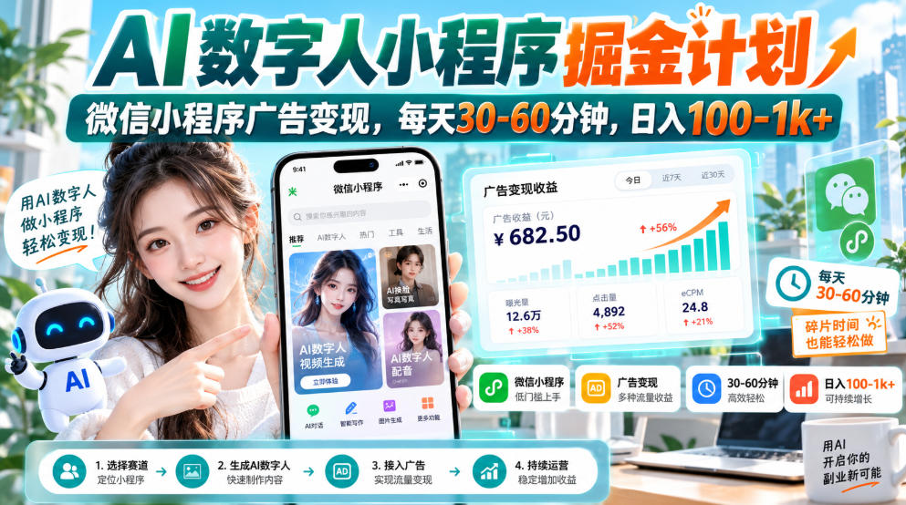 【无水印】AI数字人小程序掘金计划，微信小程序广告变现，每天30‑60分钟，日入100‑1k+-HEIXMI（中国站）