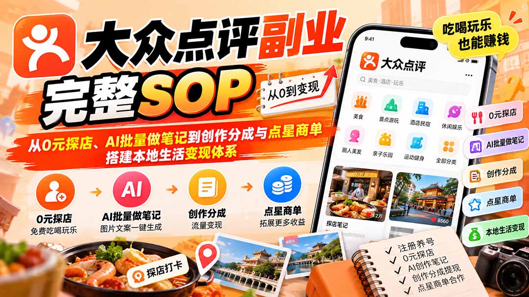 【无水印】大众点评副业完整SOP：从0元探店、AI批量做笔记到创作分成与点星商单，搭建本地生活变现体系-HEIXMI（中国站）