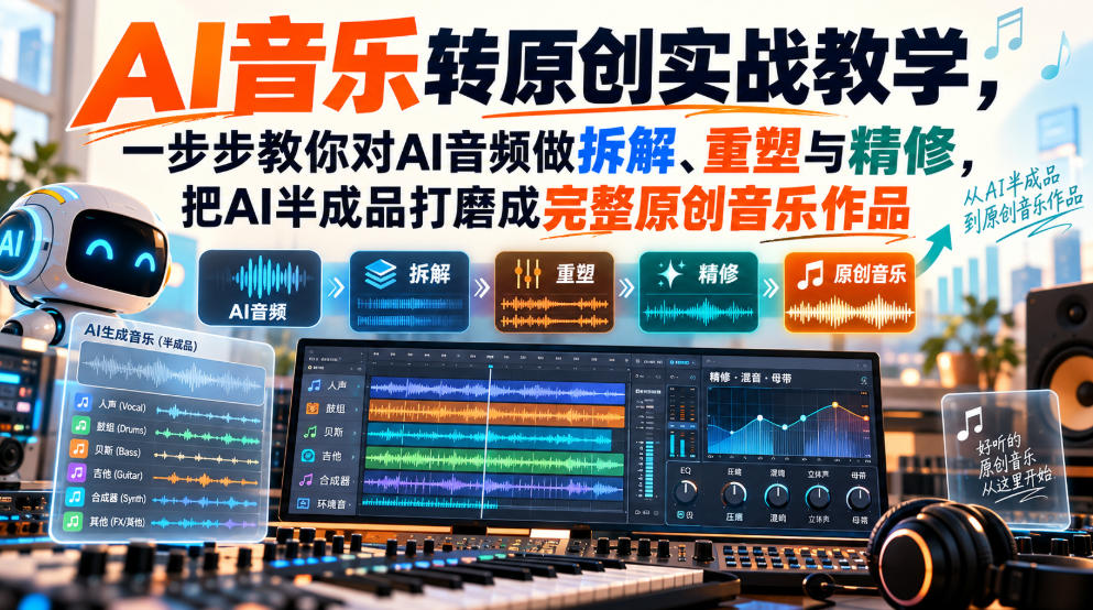 AI音乐转原创实战教学，一步步教你对AI音频做拆解、重塑与精修，把AI半成品打磨成完整原创音乐作品-HEIXMI（中国站）