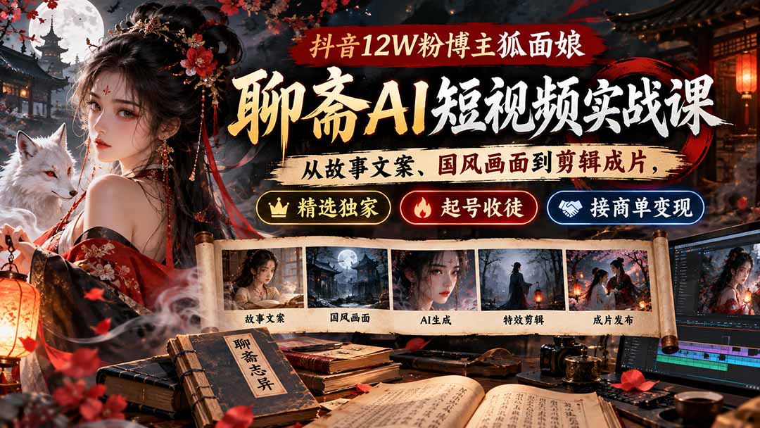 抖音12W粉博主狐面娘-聊斋AI短视频实战课：从故事文案、国风画面到剪辑成片，精选独家+起号收徒+接商单变现-HEIXMI（中国站）