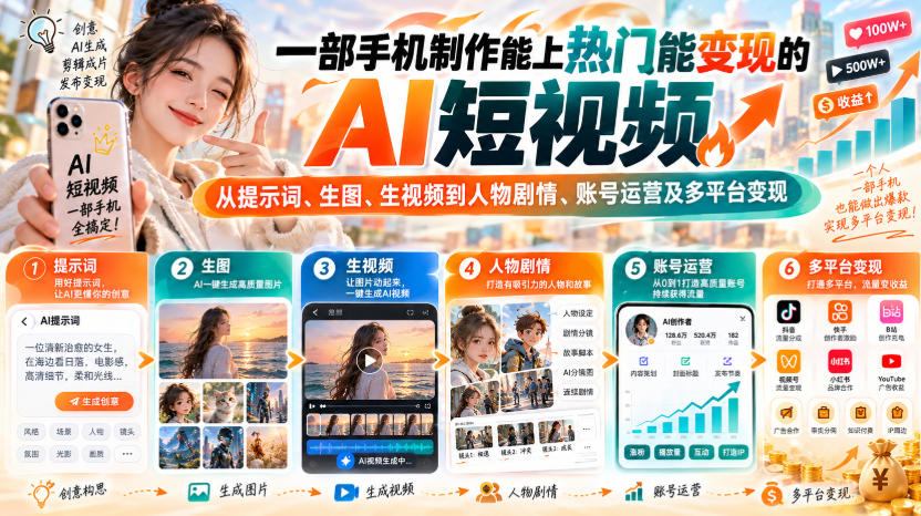 【无水印】一部手机制作能上热门能变现的AI短视频，从提示词、生图、生视频到人物剧情、账号运营及多平台变现-HEIXMI（中国站）