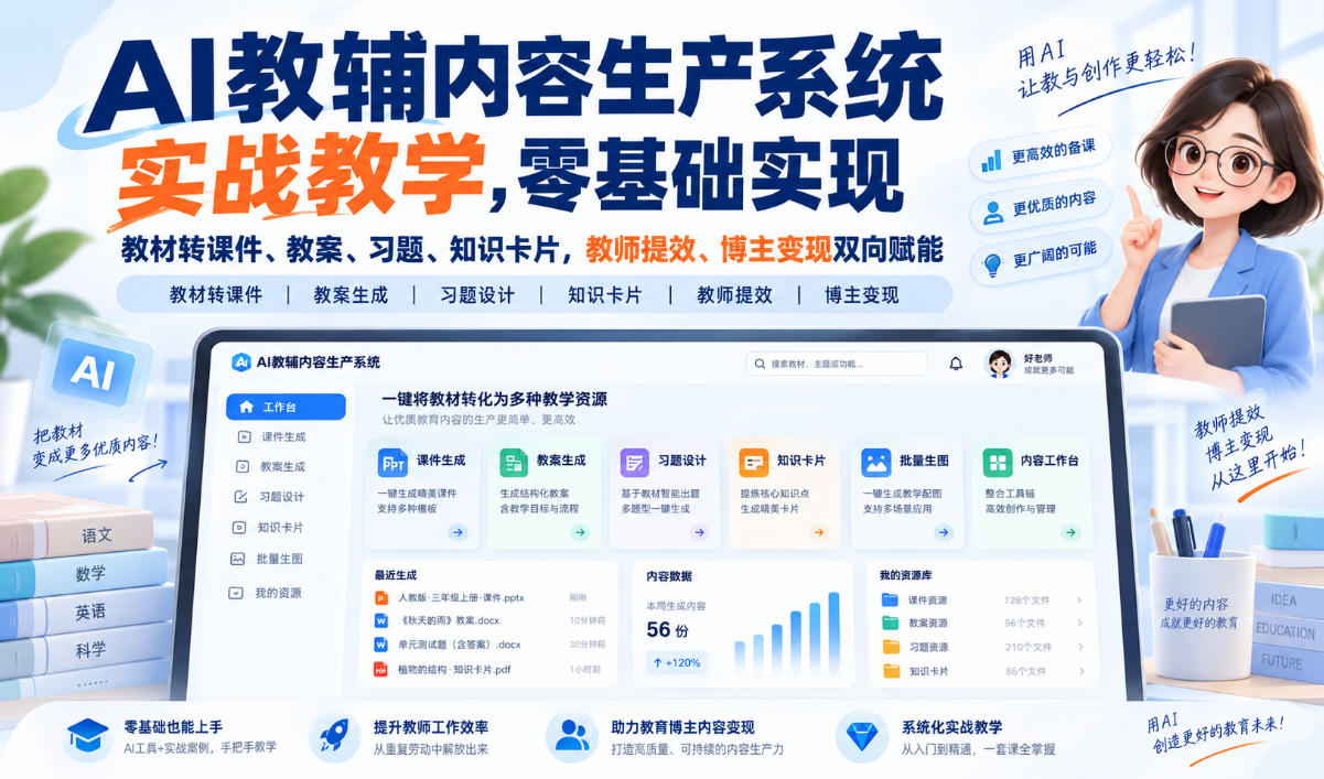 【无水印】AI教辅内容生产系统实战教学，零基础实现教材转课件、教案、习题、知识卡片，教师提效、博主变现双向赋能(更新0926)-HEIXMI（中国站）