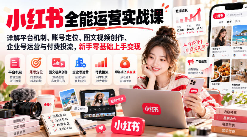 小红书全能运营实战课，详解平台机制、账号定位、图文视频创作、企业号运营与付费投流，新手零基础上手变现-HEIXMI（中国站）