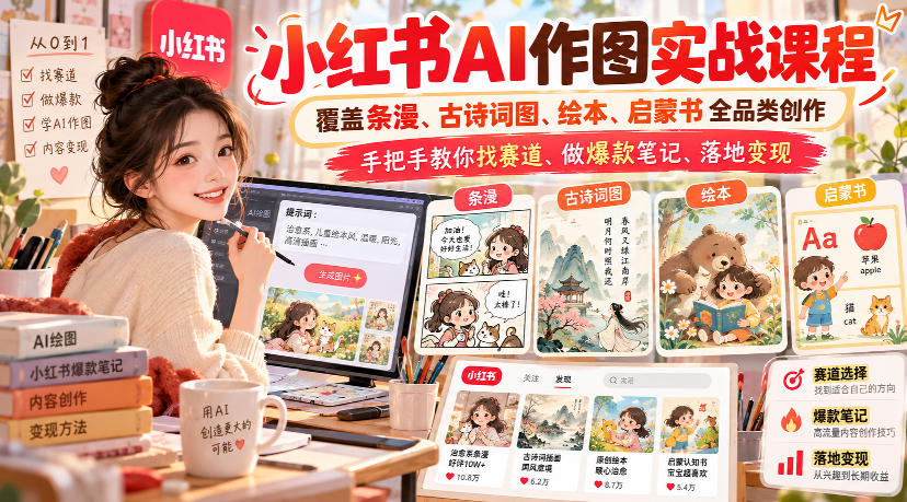 小红书AI作图实战课程，覆盖条漫、古诗词图、绘本、启蒙书全品类创作，手把手教你找赛道、做爆款笔记、落地变现-HEIXMI（中国站）